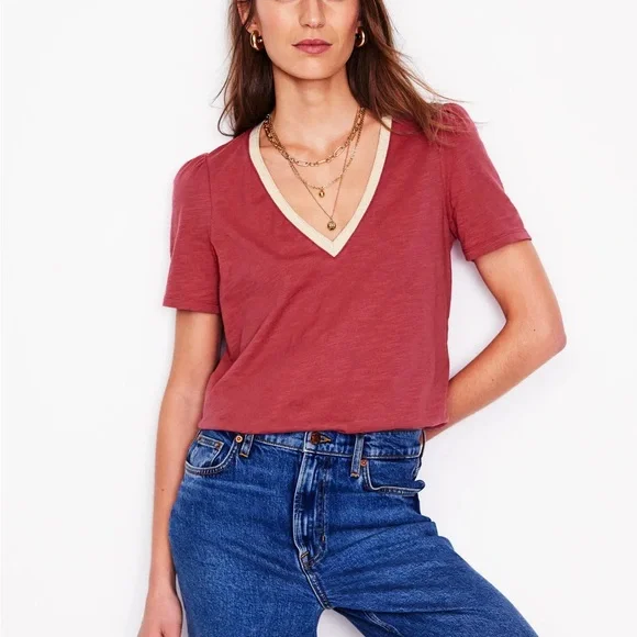 Boden Red and Metallic Gold V-Neck Short Sleeve Tee - Picture 5 of 10